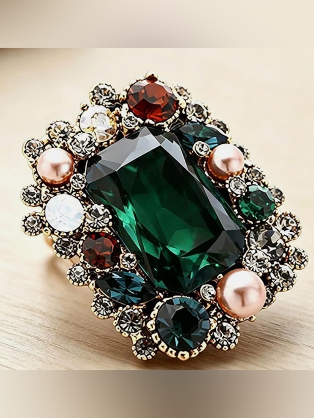 Emerald Green Crystal Statement Brooch with Rose Pearl Accents